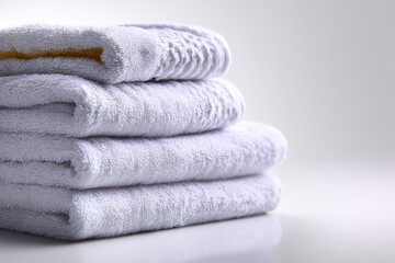 A stack of clean, white folded towels, studio shot, isolated on a bright white background. Bathroom essentials, cleanliness.