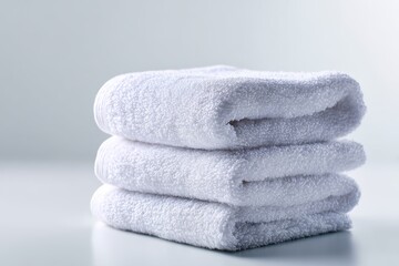 A stack of clean, white folded towels, studio shot, isolated on a bright white background. Bathroom essentials, cleanliness.