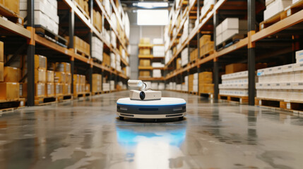 Fototapeta premium Futuristic automated warehouse with blue robotic vehicle navigating orange guidance lines between tall storage shelves. Smart logistics automation, AI-powered distribution center