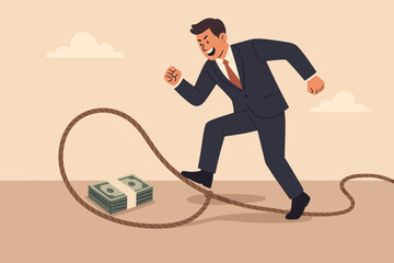 Money trap to trick greedy people. Financial investment problem or business risk concept. Businessman lured by money bait stepping into a rope snare. Metaphor for fraud.