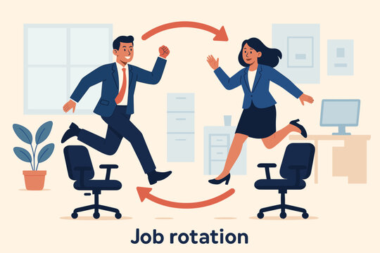 Job rotation concept. Employee switch position for new skills, experience. Moving to new responsibility. Businessman, woman jumping between office chairs. Career change work.