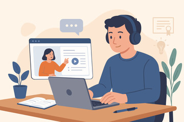 Online learning course, remote education, e-learning website, virtual classroom, young adult studying, internet training, digital skills development, distance knowledge concept