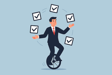 Businessman Juggling Tasks on Unicycle, Project Management Metaphor, Productivity, Multitasking, Checklist, Accomplishment, Time Management, Professional Success Concept