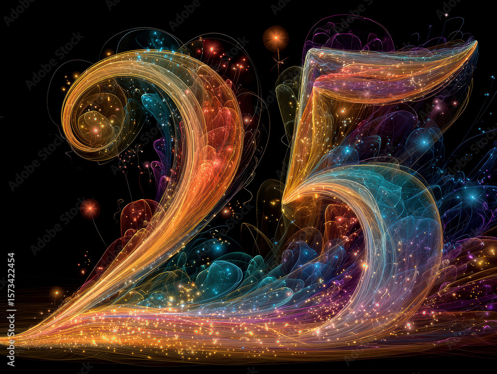 Aufkleber a vibrant, dynamic digital art piece showcasing the number 25 in cursive font with intertwining rain