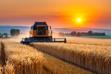 Fototapeta premium Combine harvester harvesting wheat field at sunset