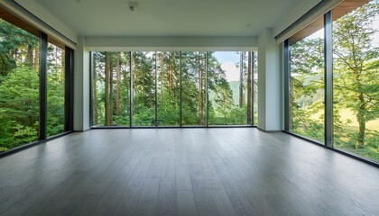 modern empty room with large windows offering scenic views of a forested area