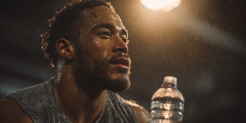 Exhausted Athlete Resting After Training with Water Bottle