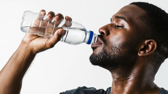 Thirsty man quenches thirst with water