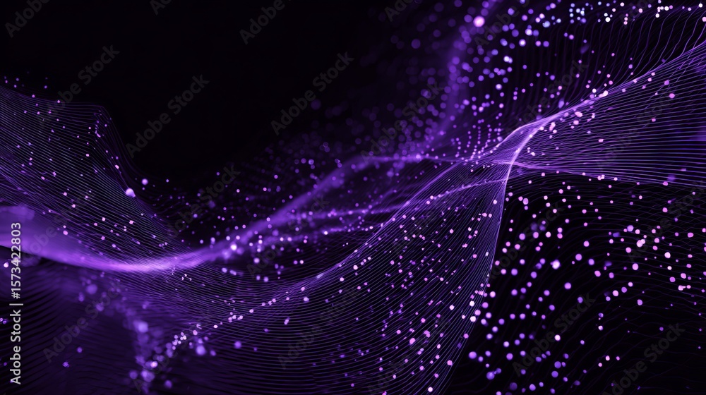 Poster captivating abstract purple wave design with shimmering particles against a deep black background is