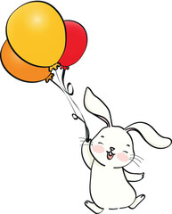 cute rabbit flying with happy balloons
