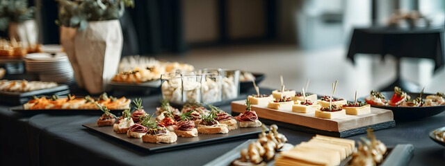 Catering table with canapes and snacks at a business meeting -