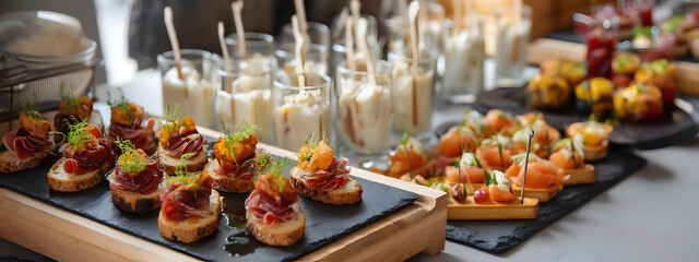 Catering table with canapes and snacks at a business meeting -