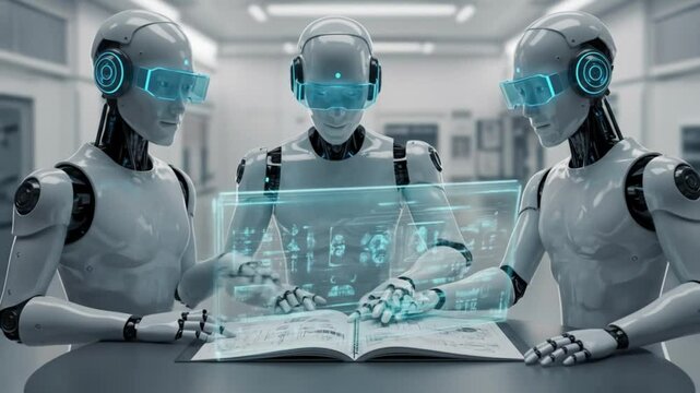 Ai robots learning from book with vr headsets futuristic technology artificial intelligence concept