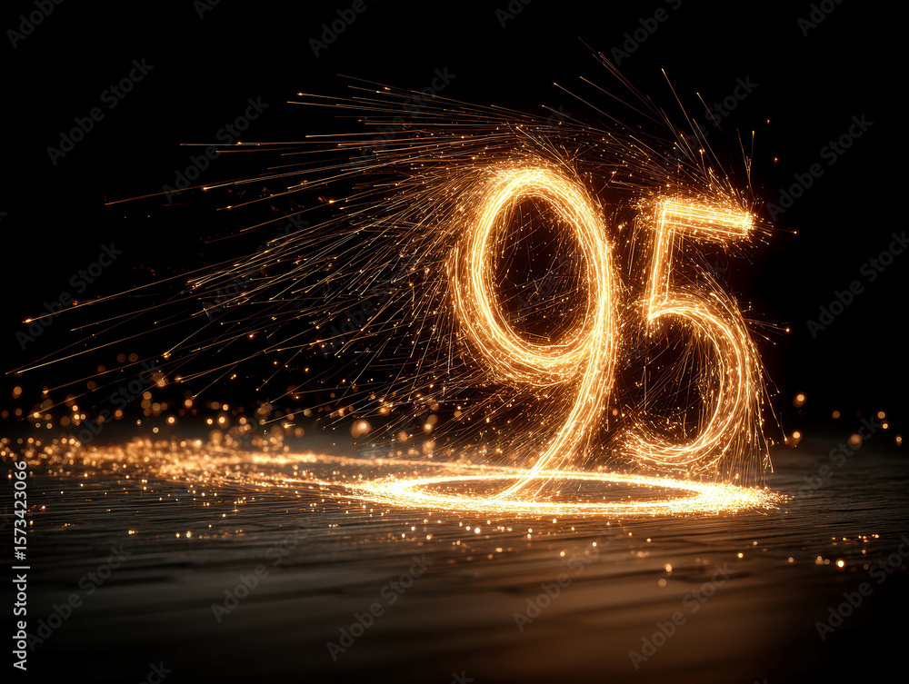 Poster vibrant sparkler pattern forms number 95 on dark background, dynamic lighting, fleeting moment of li