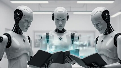 Ai robots reading book futuristic technology artificial intelligence machine learning automation concept - Powered by Adobe