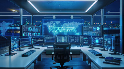 Fototapeta premium Futuristic automated warehouse with blue robotic vehicle navigating orange guidance lines between tall storage shelves. Smart logistics automation, AI-powered distribution center