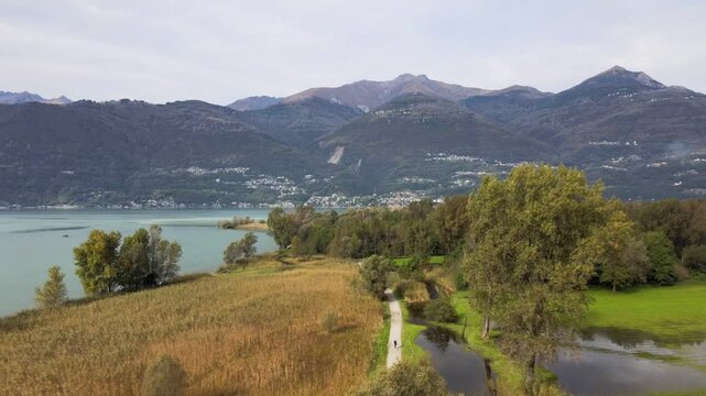 Aerial nature landscape near Colico village in Lake Como Italian Alps mountains in Lombardy