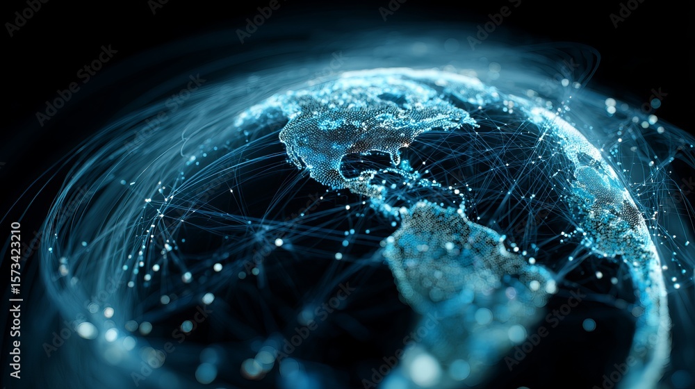 Poster global connection, data visualization, network infrastructure featuring blue illuminated earth with 