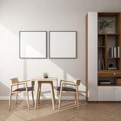Dining room with two square frame mockups on a white wall. 3D rendering, interior design, 3D illustration