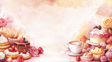 Watercolor illustration of a variety of delicious pastries, cakes, and a cup of coffee. Concept of indulgence, dessert, cozy cafe, sweet treats, and relaxation. copy space