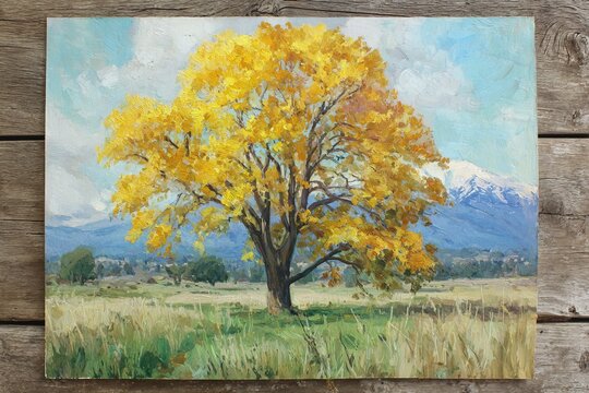 Golden-Leafed Oak Tree in Post-Impressionist Style, Textured Oil Painting with Meadow and Mountain Backdrop, Sargent-Inspired Light Study