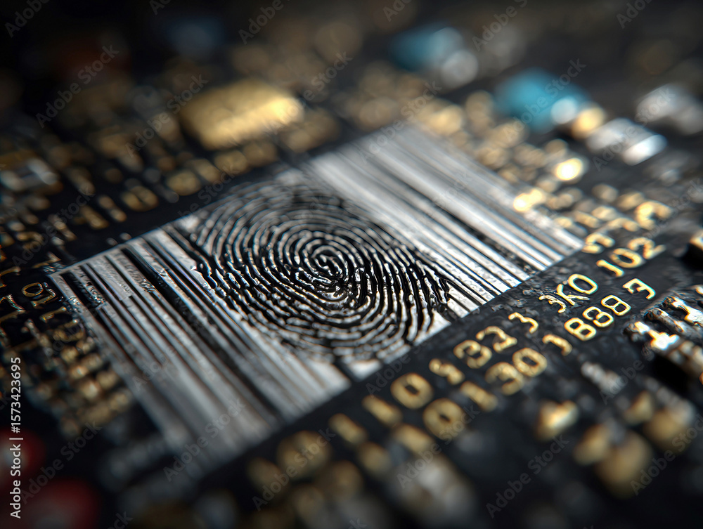 Poster close-up macro shot of a circuit board with a human fingerprint intentionally placed over an integra