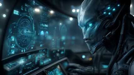 Futuristic depiction of an Alien character in a HighTech Control Room setting - Powered by Adobe