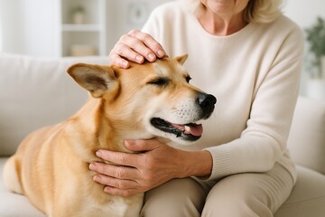 Fototapeta na wymiar Elderly woman gently petting dog while relaxing indoors, concept of companionship, pet bonding, senior lifestyle