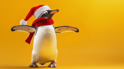 Adorable penguin wearing Santa hat and red scarf standing against bright yellow background. Concept of Christmas celebration, holiday spirit, cute animal decoration, funny animal