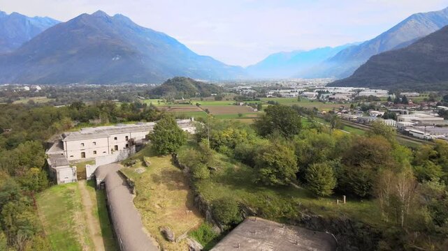Aerial landscape World War I architecture by Colico Lake Como Italian Alps mountains Lombardy