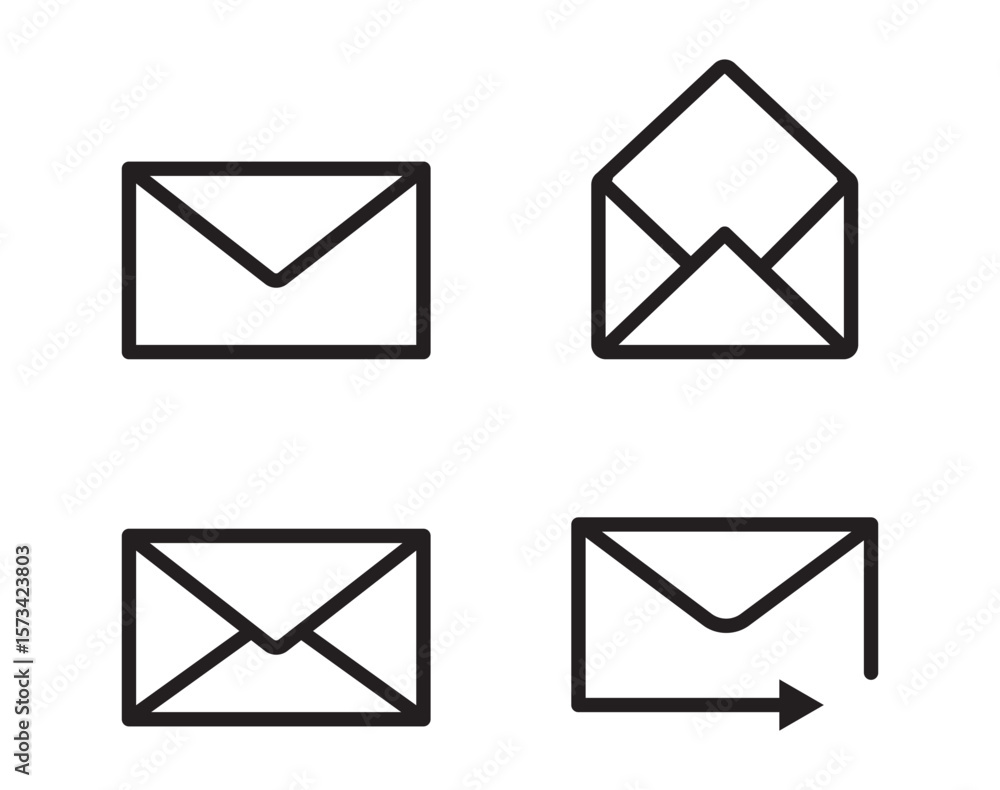 Poster set of mail envelope icon in linear style. closed envelope, opened letter, with checkmark and email.