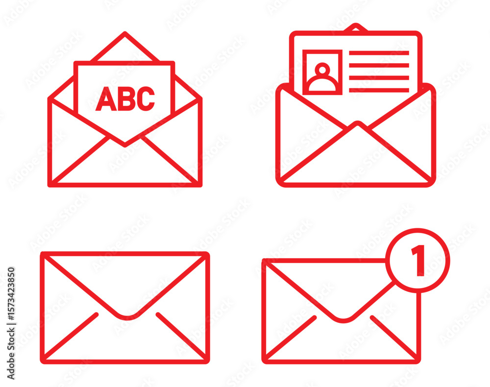 Poster set of mail envelope icon in linear style. closed envelope, opened letter, with checkmark and email.
