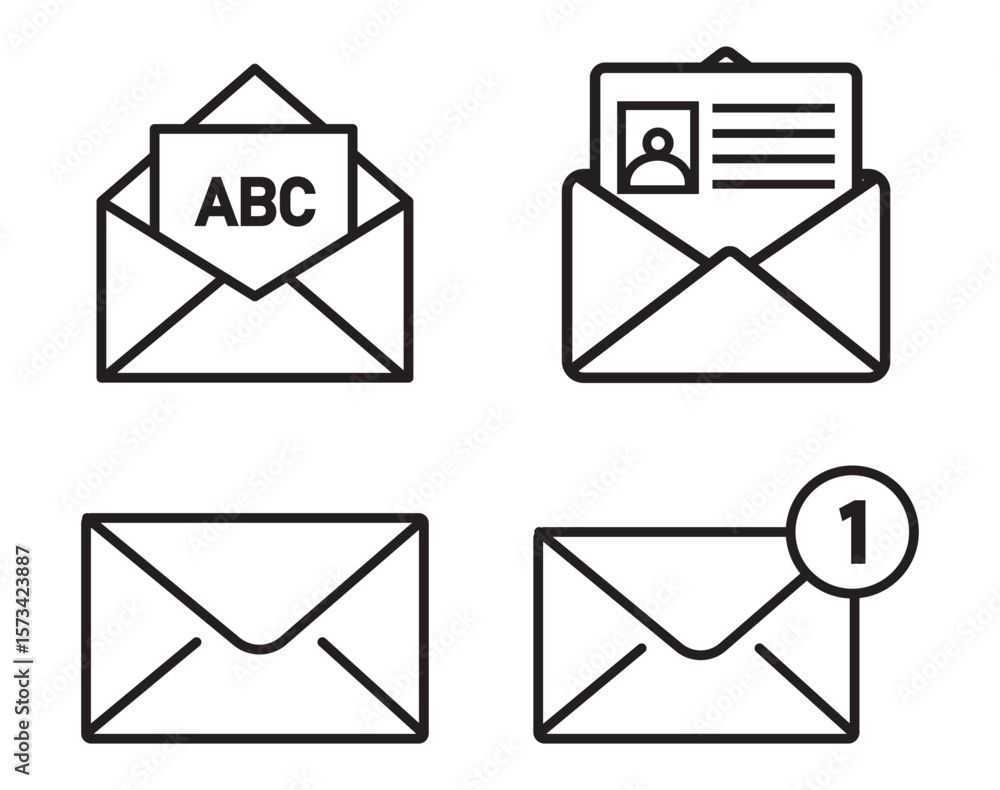 Poster set of mail envelope icon in linear style. closed envelope, opened letter, with checkmark and email.
