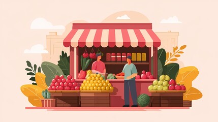 Obraz premium Illustration of a fruit stand with vendor and customer, showcasing various fruits.