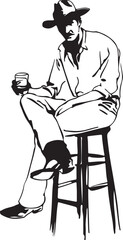 Cowboy Sitting on a Barstool Silhouette Vector Illustration on Transparent Background