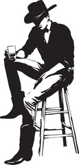 Cowboy Sitting on a Barstool Silhouette Vector Illustration on Transparent Background