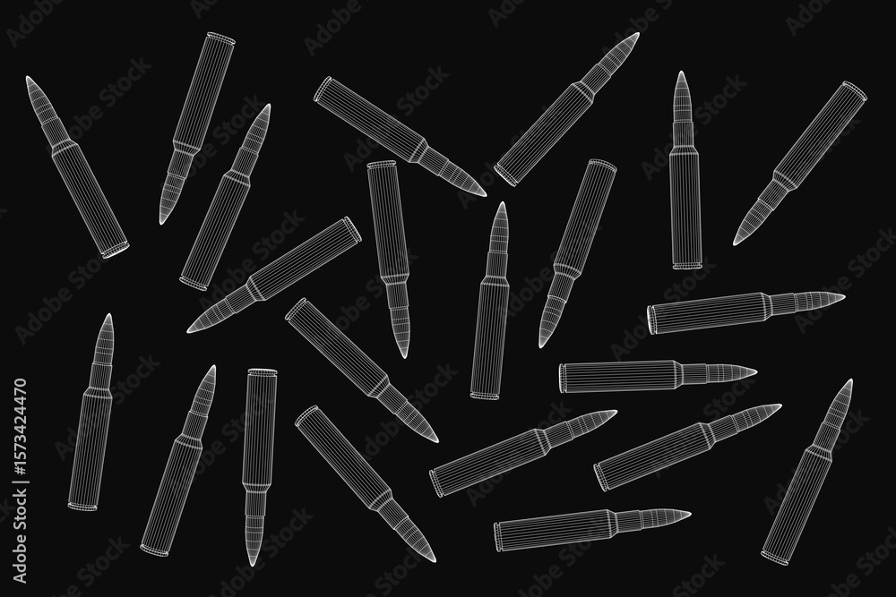 Aufkleber bullets arranged in a neat wireframe pattern on a black background, some overlapping for depth. the 