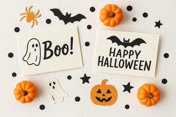 Halloween decor on table with pumpkins, ghosts, and bats for spooky celebration. concept of festive decoration, holiday spirit, halloween party.