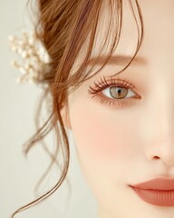 Gorgeous young woman showcasing perfect eye makeup and flawless skin tone