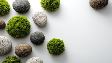 Arrangement of Moss-Covered Rocks on Clean White Background