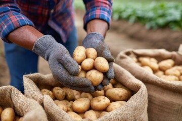Farmer holding freshly harvested potatoes in hands, agriculture and food production