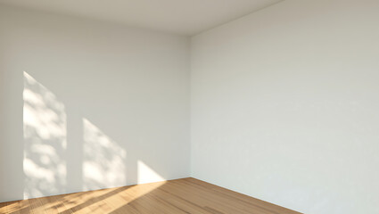 Minimalist Empty Room Corner: Light Wood Floor, White Walls, Sunlit Shadows.