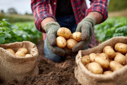 Farmer holding freshly harvested potatoes in field