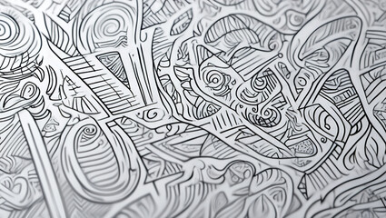 A hand-drawn illustration of intricate lines and patterns in black ink on white paper. The lines form abstract geometric shapes, spirals and random scribbles,
