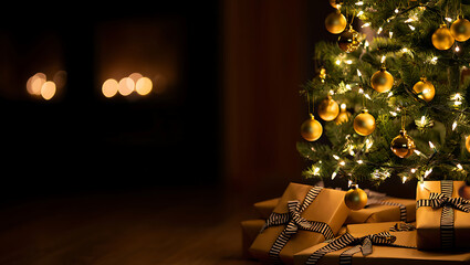 Warm Christmas Eve: Gold-Ornamented Tree, Presents, Firelight Glow