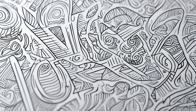 A hand-drawn illustration of intricate lines and patterns in black ink on white paper. The lines form abstract geometric shapes, spirals and random scribbles,