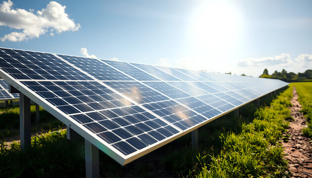 Solar panels under sunlight, representing clean energy and sustainable technology in a simple landscape.