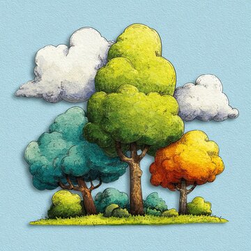 Whimsical Swirling Trees and Playful Clouds, Bright Cartoon Mobile App Icon for Magical Sensations Feature, Square Magic-Themed Art