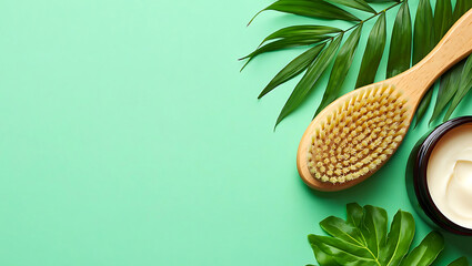 Serene Spa Body Care:  Natural Body Brush, Organic Cream, Tropical Leaves, Mint Background.