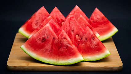Juicy Watermelon Slices on Bamboo Cutting Board: Summer Refreshment, Vibrant Red, Dark Background
